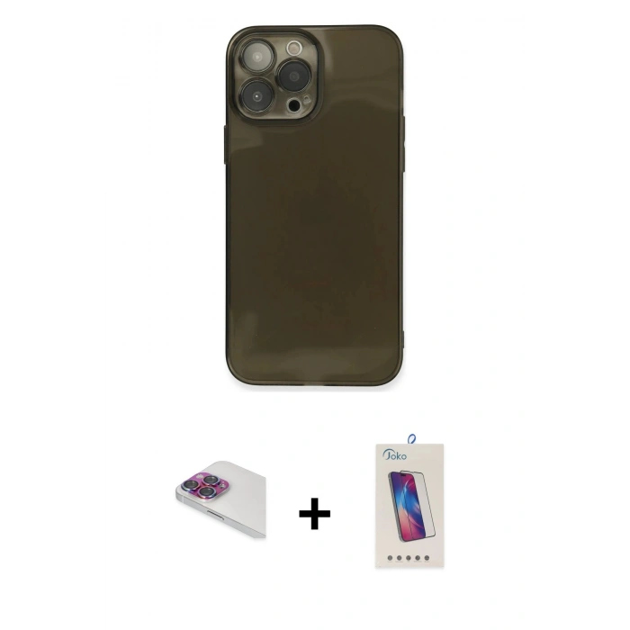 MARSİLYAN™- iPhone 13 Pro Max Kılıf Ahenk Doku - Siyah Joko 5D Cam + Pers Alüminyum Kamera Lens - GI