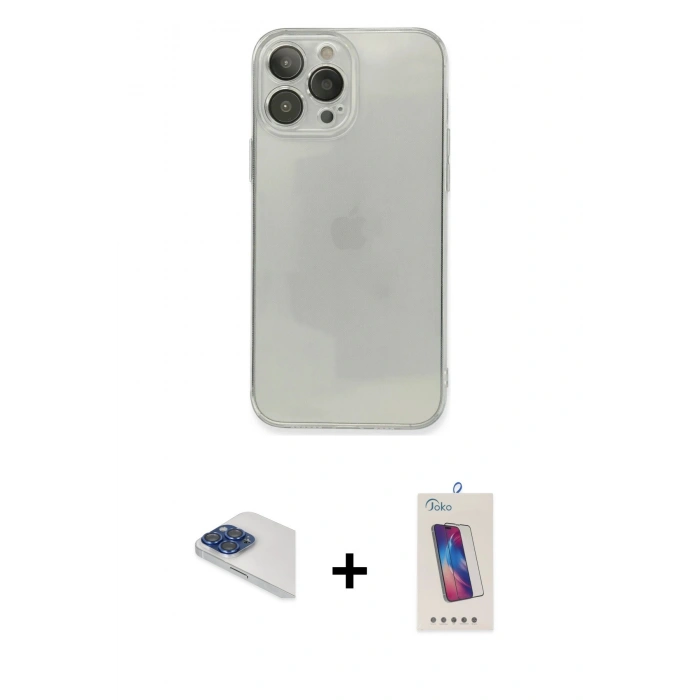 MARSİLYAN™- iPhone 13 Pro Max Kılıf Ahenk Doku - Siyah Joko 5D Cam + Pers Alüminyum Kamera Lens - LT