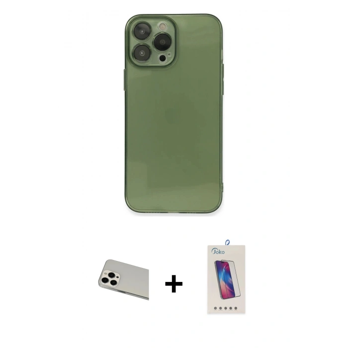 MARSİLYAN™- iPhone 13 Pro Max Kılıf Ahenk Doku - Siyah Joko 5D Cam + Rainbow Kamera Lens Koruma Cam - BZ