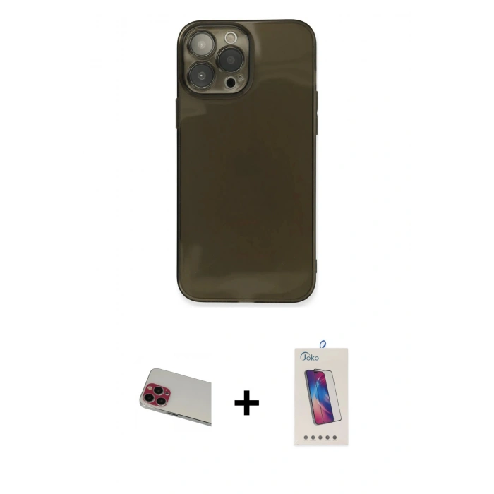 MARSİLYAN™- iPhone 13 Pro Max Kılıf Ahenk Doku - Siyah Joko 5D Cam + Rainbow Kamera Lens Koruma Cam - KI