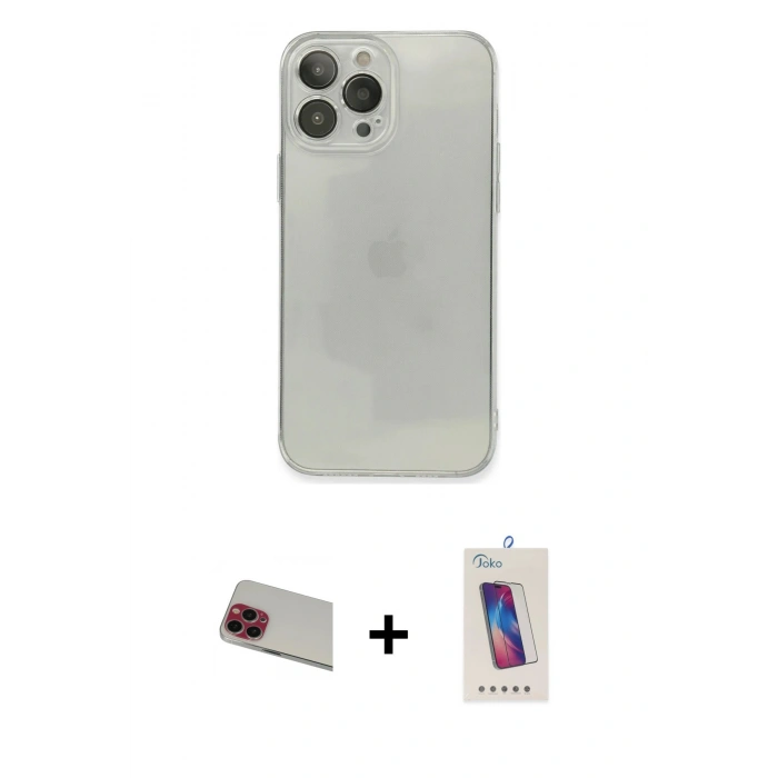 MARSİLYAN™- iPhone 13 Pro Max Kılıf Ahenk Doku - Siyah Joko 5D Cam + Rainbow Kamera Lens Koruma Cam - KI