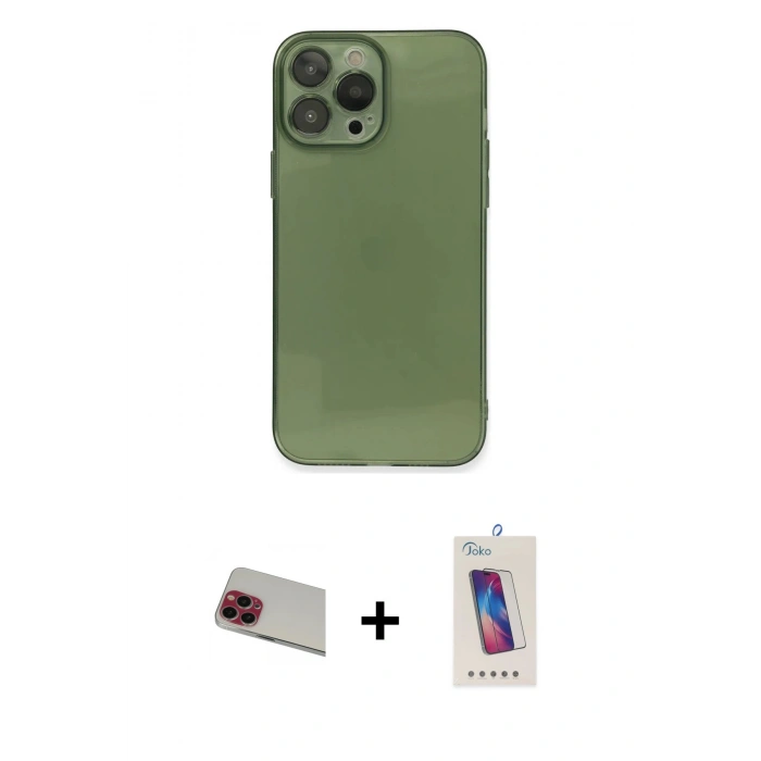 MARSİLYAN™- iPhone 13 Pro Max Kılıf Ahenk Doku - Siyah Joko 5D Cam + Rainbow Kamera Lens Koruma Cam - KI