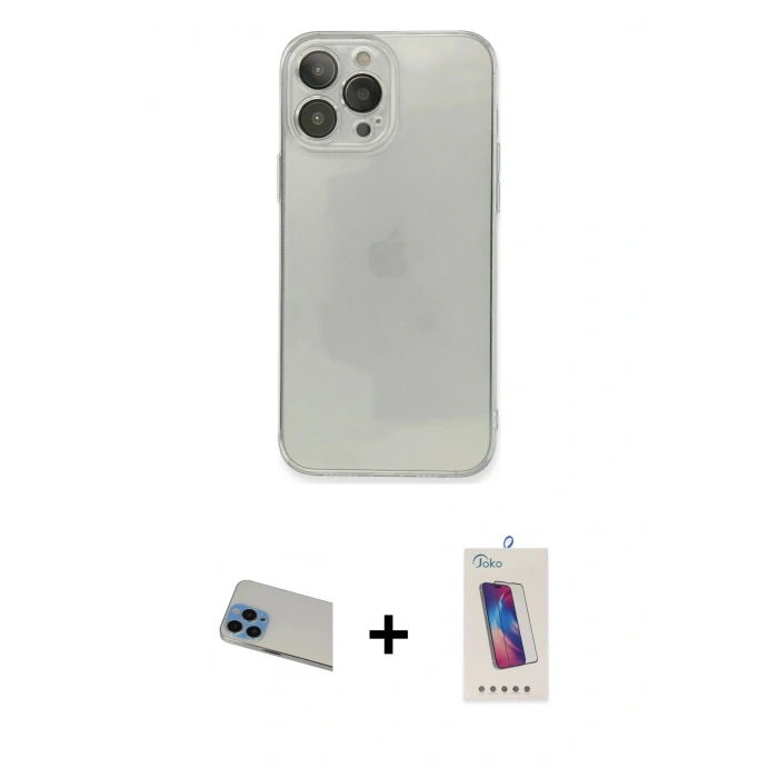 MARSİLYAN™- iPhone 13 Pro Max Kılıf Ahenk Doku - Siyah Joko 5D Cam + Rainbow Kamera Lens Koruma Cam - MI