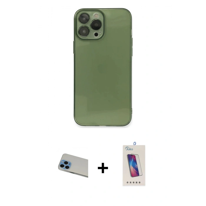 MARSİLYAN™- iPhone 13 Pro Max Kılıf Ahenk Doku - Siyah Joko 5D Cam + Rainbow Kamera Lens Koruma Cam - MI