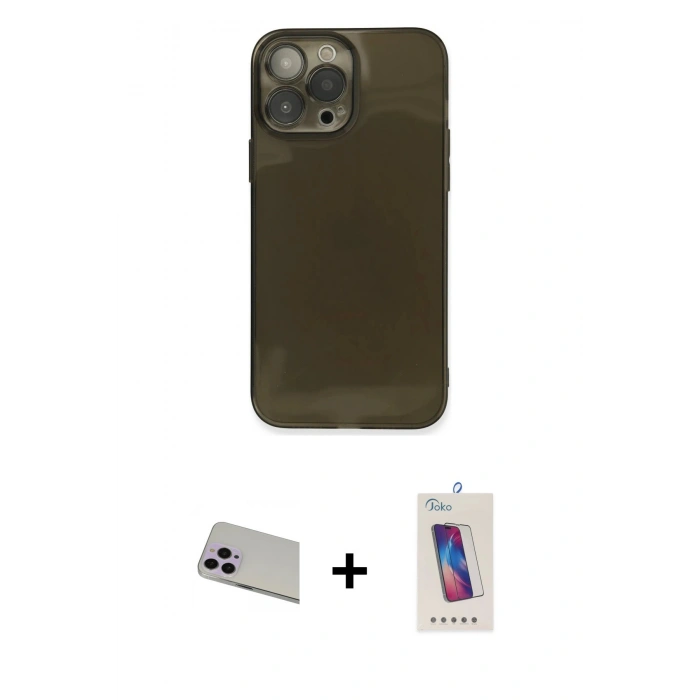 MARSİLYAN™- iPhone 13 Pro Max Kılıf Ahenk Doku - Siyah Joko 5D Cam + Rainbow Kamera Lens Koruma Cam - MR