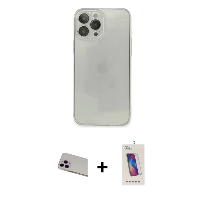 MARSİLYAN™- iPhone 13 Pro Max Kılıf Ahenk Doku - Siyah Joko 5D Cam + Rainbow Kamera Lens Koruma Cam - MR