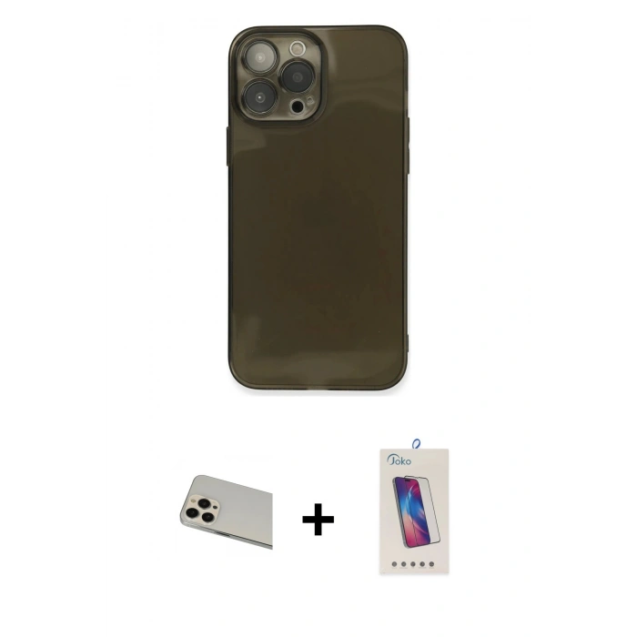 MARSİLYAN™- iPhone 13 Pro Max Kılıf Ahenk Doku - Siyah Joko 5D Cam + Rainbow Kamera Lens Koruma Cam - REGD