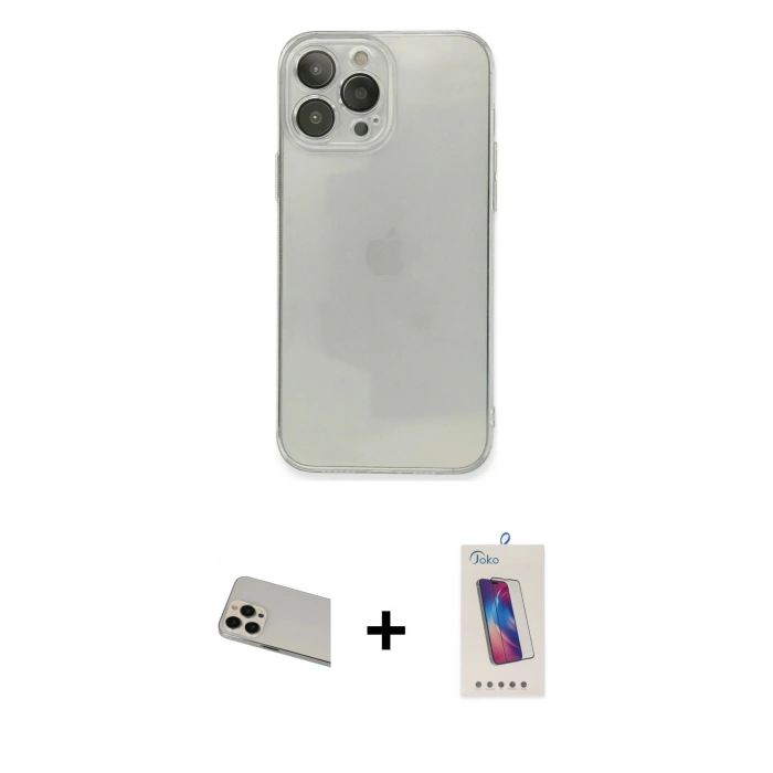 MARSİLYAN™- iPhone 13 Pro Max Kılıf Ahenk Doku - Siyah Joko 5D Cam + Rainbow Kamera Lens Koruma Cam - REGD