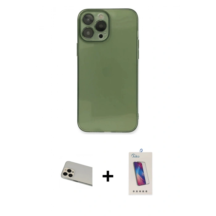 MARSİLYAN™- iPhone 13 Pro Max Kılıf Ahenk Doku - Siyah Joko 5D Cam + Rainbow Kamera Lens Koruma Cam - REGD
