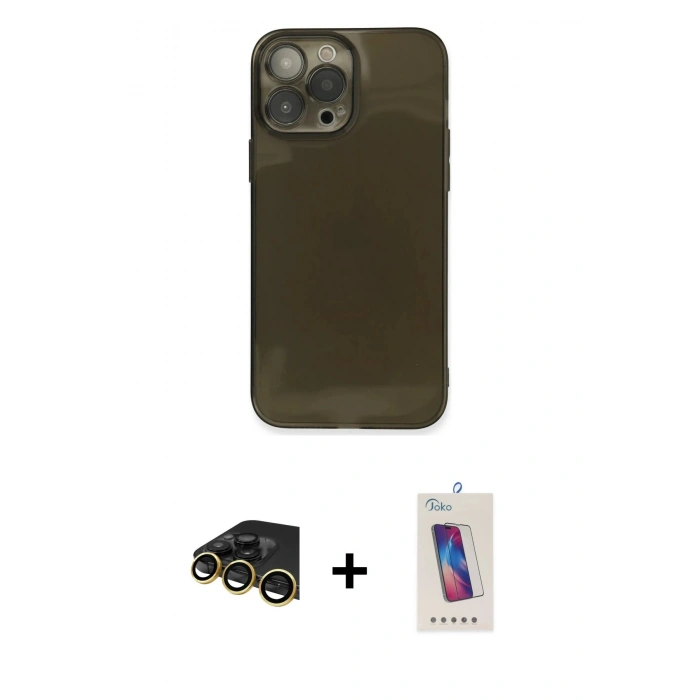MARSİLYAN™- iPhone 13 Pro Max Kılıf Ahenk Doku - Siyah Joko 5D Cam + Raze Metal Kamera Lens - GD