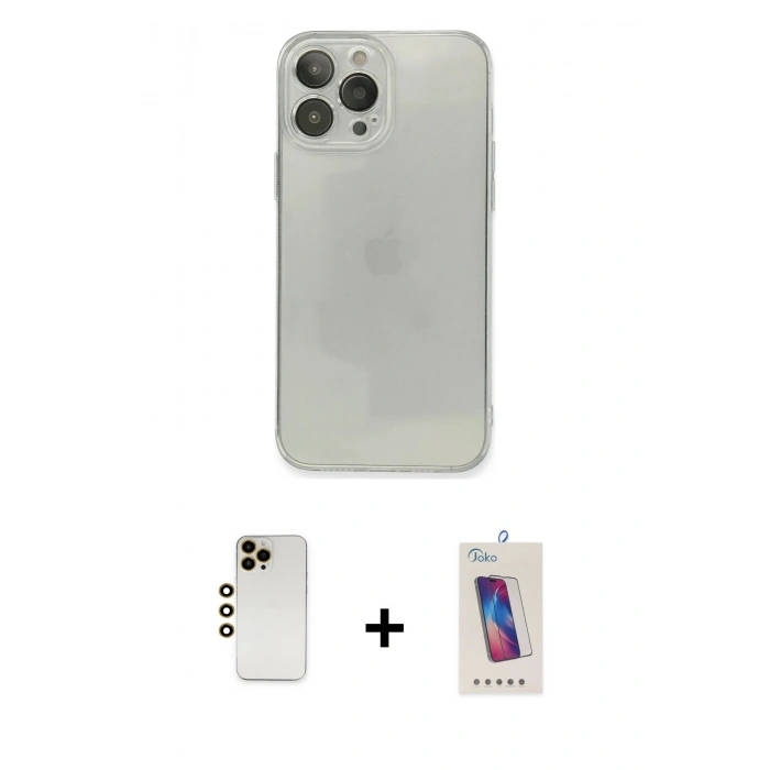 MARSİLYAN™- iPhone 13 Pro Max Kılıf Ahenk Doku - Siyah Joko 5D Cam + Shine Kamera Lens - GD