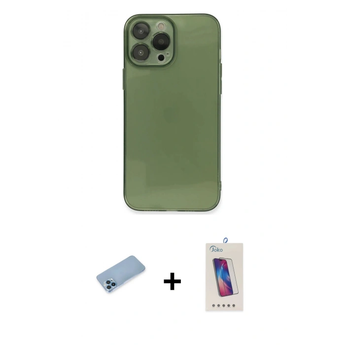 MARSİLYAN™- iPhone 13 Pro Max Kılıf Ahenk Doku - Siyah Joko 5D Cam + Shine Kamera Lens Koruma Cam - MI