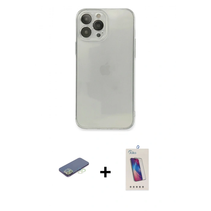 MARSİLYAN™- iPhone 13 Pro Max Kılıf Ahenk Doku - Siyah Joko 5D Cam + Renkli Kamera Lens Koruma Cam - YL