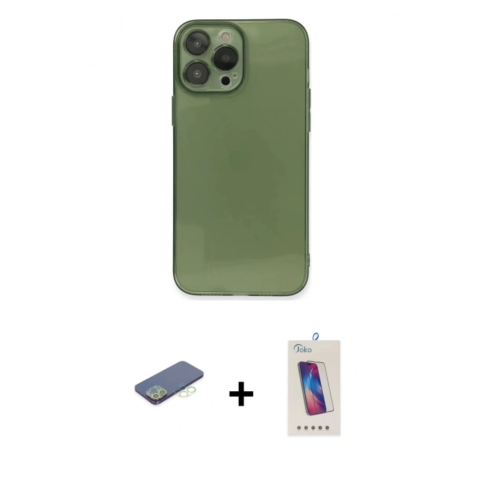 MARSİLYAN™- iPhone 13 Pro Max Kılıf Ahenk Doku - Siyah Joko 5D Cam + Renkli Kamera Lens Koruma Cam - YL