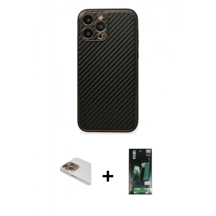 MARSİLYAN™- iPhone 13 Pro Max Kılıf Ahenk Işık - Şeffaf 360 Full Body Arka Koruyucu + Gold Pers Alüminyum Kamera Lens