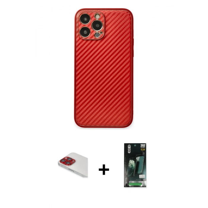 MARSİLYAN™- iPhone 13 Pro Max Kılıf Ahenk Işık - Şeffaf 360 Full Body Arka Koruyucu + Kırmızı Pers Alüminyum Kamera Lens