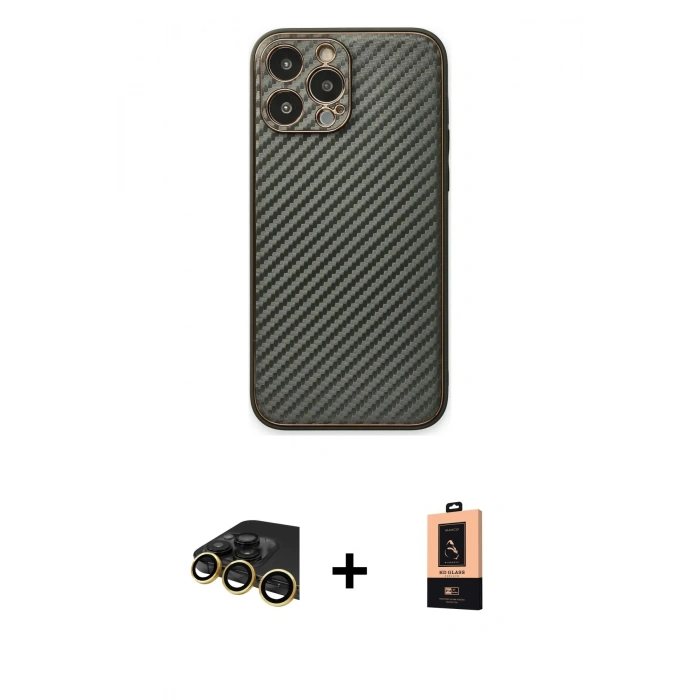 MARSİLYAN™- iPhone 13 Pro Max Kılıf Ahenk Işık - Şeffaf Maxco Cam Ekran Koruyucu + Gold Raze Metal Kamera Lens