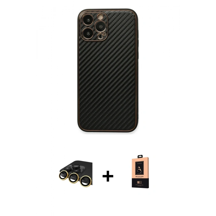 MARSİLYAN™- iPhone 13 Pro Max Kılıf Ahenk Işık - Şeffaf Maxco Cam Ekran Koruyucu + Gold Raze Metal Kamera Lens
