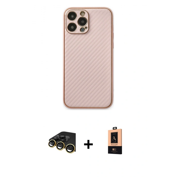 MARSİLYAN™- iPhone 13 Pro Max Kılıf Ahenk Işık - Şeffaf Maxco Cam Ekran Koruyucu + Gold Raze Metal Kamera Lens