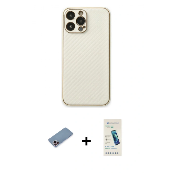 MARSİLYAN™- iPhone 13 Pro Max Kılıf Ahenk Işık - Şeffaf Pasifik Cam Ekran Koruyucu + Shine Kamera Lens Koruma Cam - PE