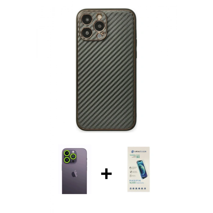 MARSİLYAN™- iPhone 13 Pro Max Kılıf Ahenk Işık - Şeffaf Pasifik Cam Ekran Koruyucu + Yeşil Neon Fosforlu Kamera Lens