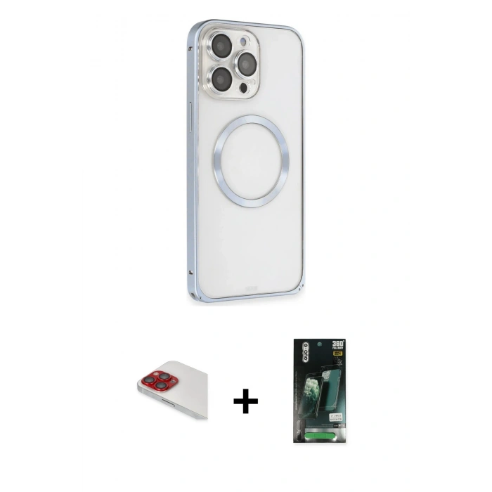 MARSİLYAN™- iPhone 13 Pro Max Kılıf Ahenk Işık Serisi - Şeffaf 360 Full Body Arka Koruyucu + Pers Alüminyum Kamera Lens - KI