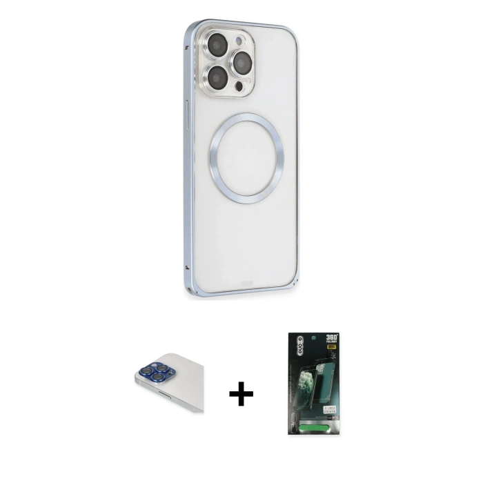 MARSİLYAN™- iPhone 13 Pro Max Kılıf Ahenk Işık Serisi - Şeffaf 360 Full Body Arka Koruyucu + Lacivert Pers Alüminyum Kamera Lens