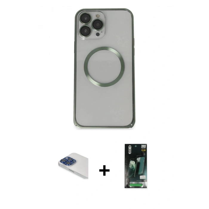 MARSİLYAN™- iPhone 13 Pro Max Kılıf Ahenk Işık Serisi - Şeffaf 360 Full Body Arka Koruyucu + Lacivert Pers Alüminyum Kamera Lens