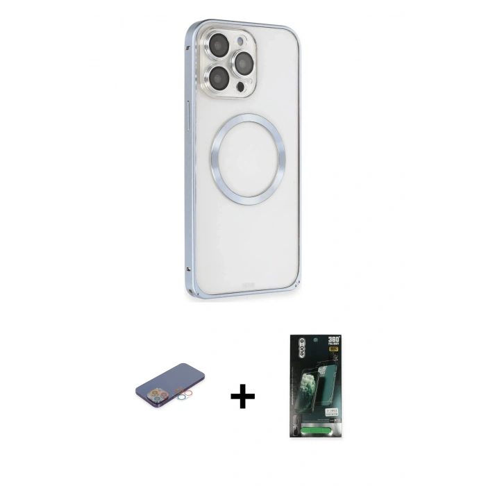 MARSİLYAN™- iPhone 13 Pro Max Kılıf Ahenk Işık Serisi - Şeffaf 360 Full Body Arka Koruyucu + Renkli Kamera Lens Koruma Cam - PE
