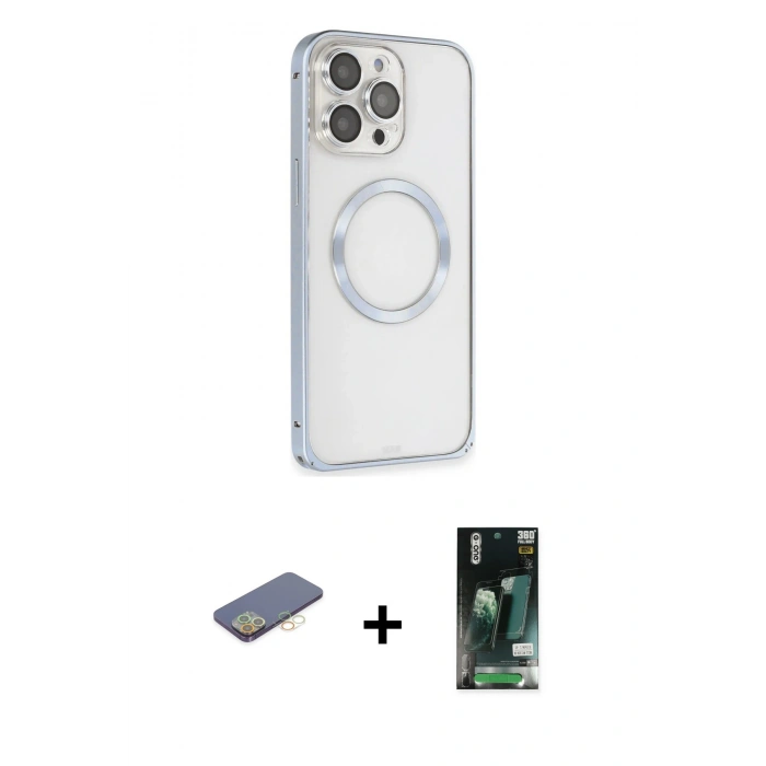 MARSİLYAN™- iPhone 13 Pro Max Kılıf Ahenk Işık Serisi - Şeffaf 360 Full Body Arka Koruyucu + Renkli Kamera Lens Koruma Cam - SI