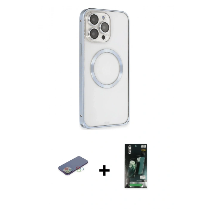 MARSİLYAN™- iPhone 13 Pro Max Kılıf Ahenk Işık Serisi - Şeffaf 360 Full Body Arka Koruyucu + Renkli Kamera Lens Koruma Cam - MI