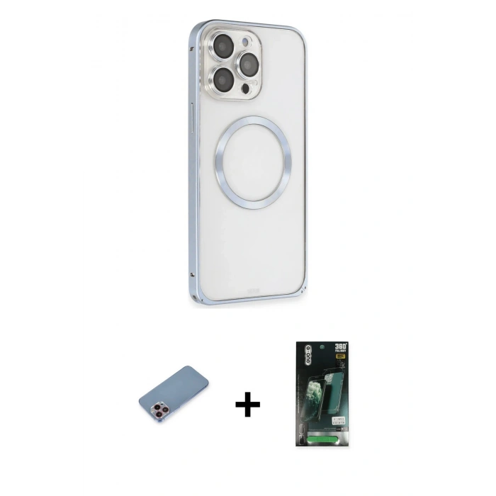 MARSİLYAN™- iPhone 13 Pro Max Kılıf Ahenk Işık Serisi - Şeffaf 360 Full Body Arka Koruyucu + Shine Kamera Lens Koruma Cam - PE