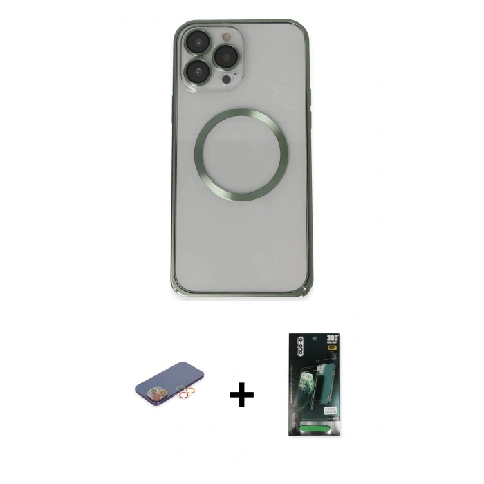 MARSİLYAN™- iPhone 13 Pro Max Kılıf Ahenk Işık Serisi - Şeffaf 360 Full Body Arka Koruyucu + Renkli Kamera Lens Koruma Cam - TU