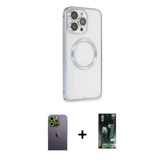 MARSİLYAN™- iPhone 13 Pro Max Kılıf Ahenk Işık Serisi - Şeffaf 360 Full Body Arka Koruyucu + Neon Fosforlu Kamera Lens - YL