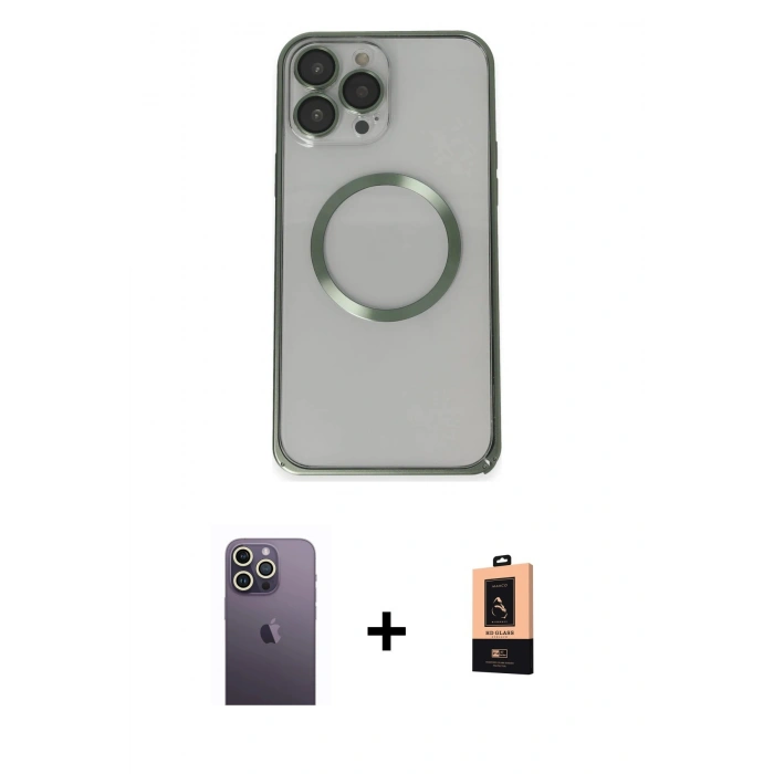 MARSİLYAN™- iPhone 13 Pro Max Kılıf Ahenk Işık Serisi - Şeffaf Maxco Cam Ekran Koruyucu + Neon Fosforlu Kamera Lens - BZ