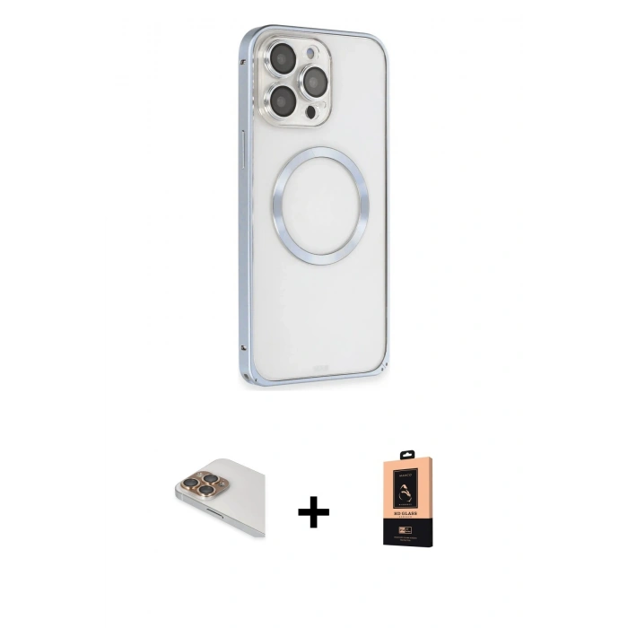 MARSİLYAN™- iPhone 13 Pro Max Kılıf Ahenk Işık Serisi - Şeffaf Maxco Cam Ekran Koruyucu + Gold Pers Alüminyum Kamera Lens