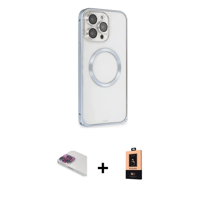 MARSİLYAN™- iPhone 13 Pro Max Kılıf Ahenk Işık Serisi - Şeffaf Maxco Cam Ekran Koruyucu + Pers Alüminyum Kamera Lens - GI