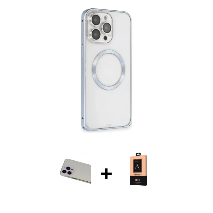 MARSİLYAN™- iPhone 13 Pro Max Kılıf Ahenk Işık Serisi - Şeffaf Maxco Cam Ekran Koruyucu + Rainbow Kamera Lens Koruma Cam - MR