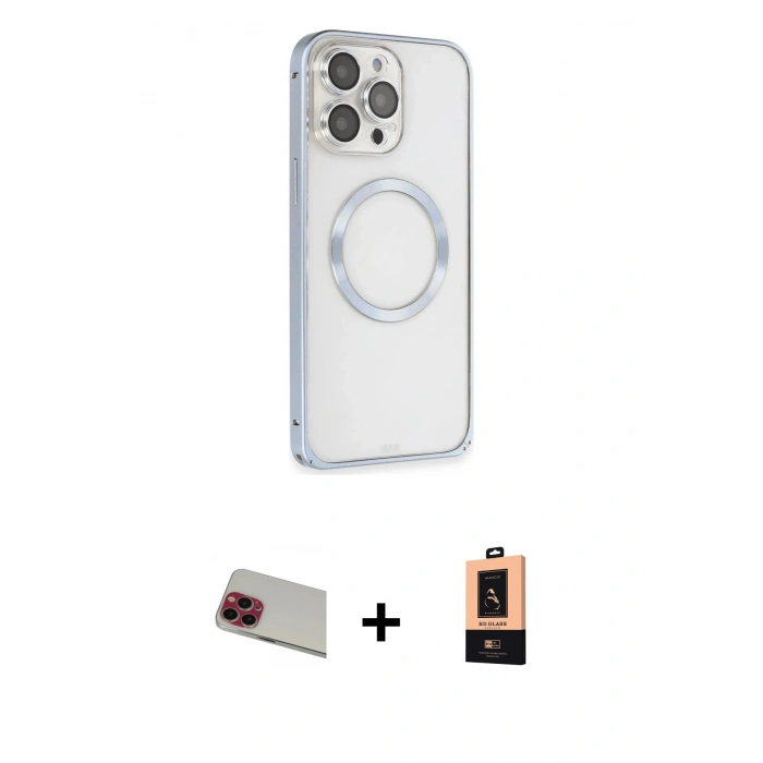 MARSİLYAN™- iPhone 13 Pro Max Kılıf Ahenk Işık Serisi - Şeffaf Maxco Cam Ekran Koruyucu + Rainbow Kamera Lens Koruma Cam - KI