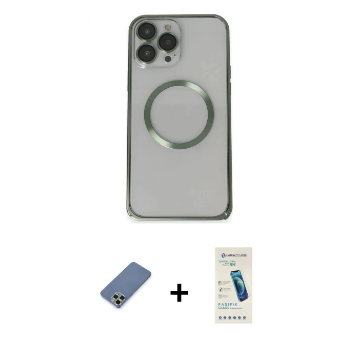 MARSİLYAN™- iPhone 13 Pro Max Kılıf Ahenk Işık Serisi - Şeffaf Pasifik Cam Ekran Koruyucu + Açık Yeşil Metal Kamera Lens Koruma Cam