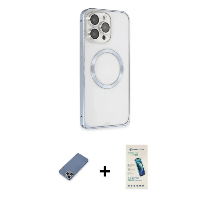 MARSİLYAN™- iPhone 13 Pro Max Kılıf Ahenk Işık Serisi - Şeffaf Pasifik Cam Ekran Koruyucu + Açık Yeşil Metal Kamera Lens Koruma Cam