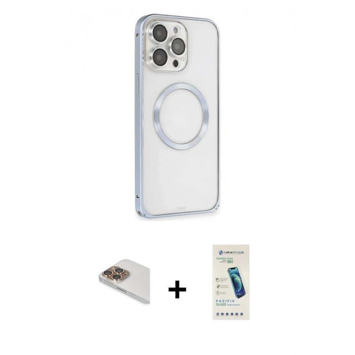 MARSİLYAN™- iPhone 13 Pro Max Kılıf Ahenk Işık Serisi - Şeffaf Pasifik Cam Ekran Koruyucu + Pers Alüminyum Kamera Lens - GD