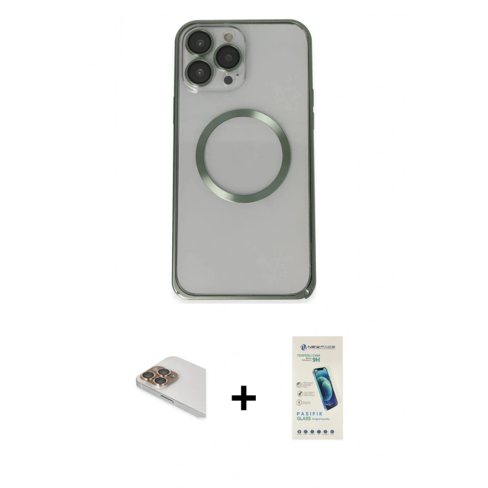 MARSİLYAN™- iPhone 13 Pro Max Kılıf Ahenk Işık Serisi - Şeffaf Pasifik Cam Ekran Koruyucu + Pers Alüminyum Kamera Lens - GD