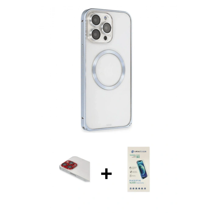 MARSİLYAN™- iPhone 13 Pro Max Kılıf Ahenk Işık Serisi - Şeffaf Pasifik Cam Ekran Koruyucu + Pers Alüminyum Kamera Lens - KI
