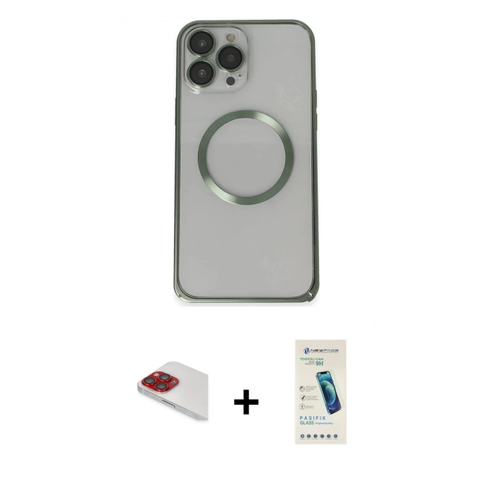 MARSİLYAN™- iPhone 13 Pro Max Kılıf Ahenk Işık Serisi - Şeffaf Pasifik Cam Ekran Koruyucu + Pers Alüminyum Kamera Lens - KI
