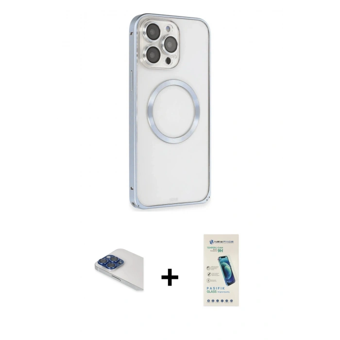 MARSİLYAN™- iPhone 13 Pro Max Kılıf Ahenk Işık Serisi - Şeffaf Pasifik Cam Ekran Koruyucu + Pers Alüminyum Kamera Lens - LT