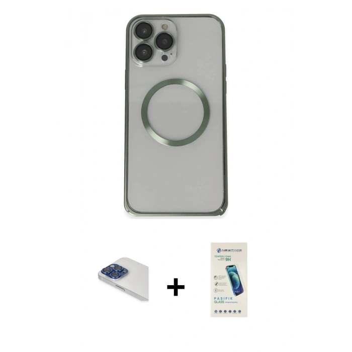 MARSİLYAN™- iPhone 13 Pro Max Kılıf Ahenk Işık Serisi - Şeffaf Pasifik Cam Ekran Koruyucu + Pers Alüminyum Kamera Lens - LT