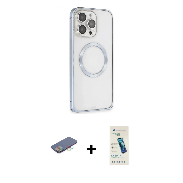 MARSİLYAN™- iPhone 13 Pro Max Kılıf Ahenk Işık Serisi - Şeffaf Pasifik Cam Ekran Koruyucu + Mavi Renkli Kamera Lens Koruma Cam