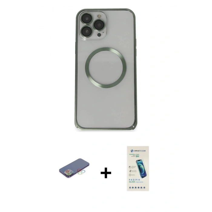 MARSİLYAN™- iPhone 13 Pro Max Kılıf Ahenk Işık Serisi - Şeffaf Pasifik Cam Ekran Koruyucu + Mavi Renkli Kamera Lens Koruma Cam