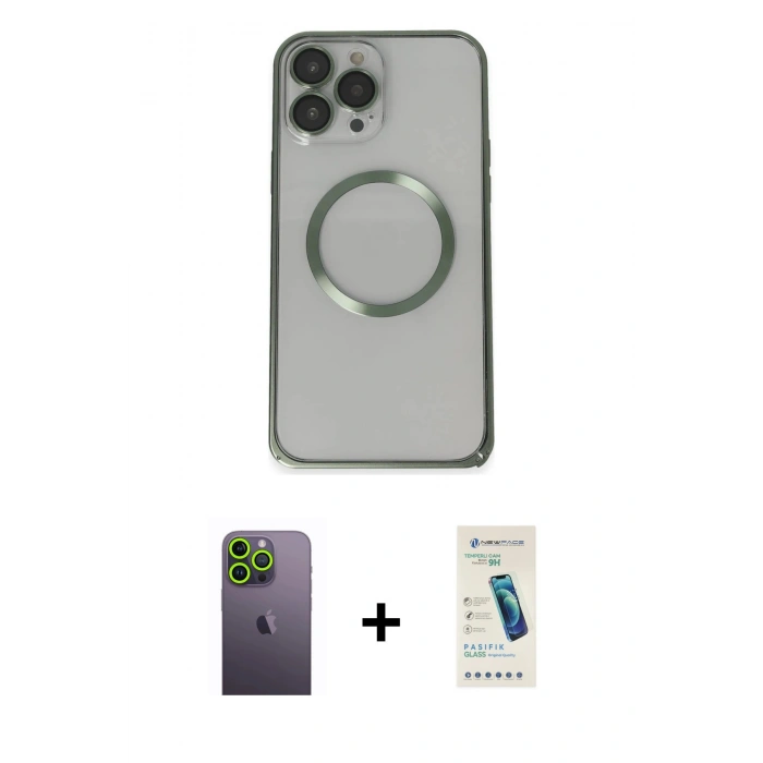 MARSİLYAN™- iPhone 13 Pro Max Kılıf Ahenk Işık Serisi - Şeffaf Pasifik Cam Ekran Koruyucu + Neon Fosforlu Kamera Lens - YL